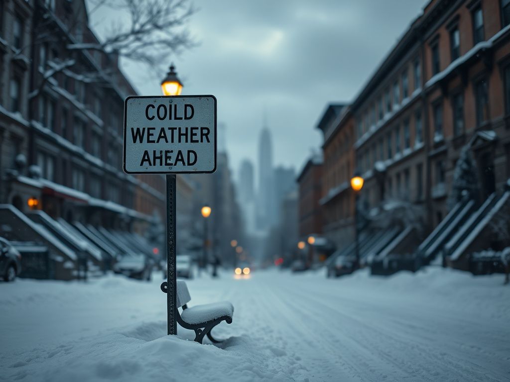 Flick International Snow-covered New York City street with brownstones and skyscrapers