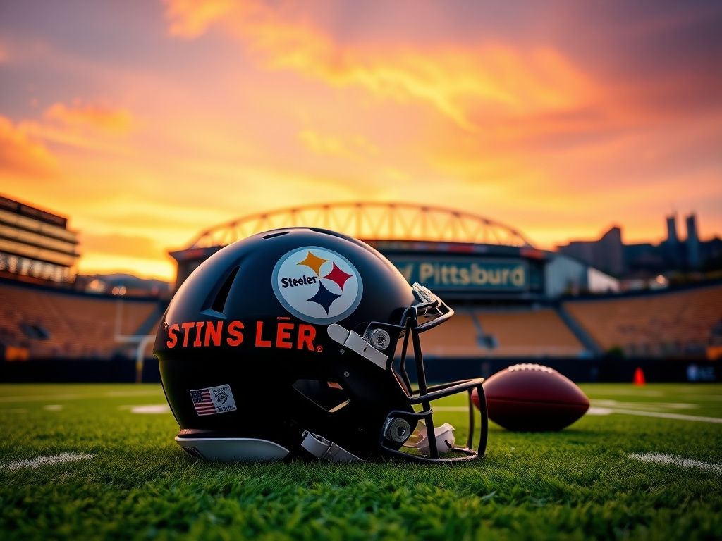 Flick International Pittsburgh Steelers helmet on a football field with Acrisure Stadium in the background at sunset