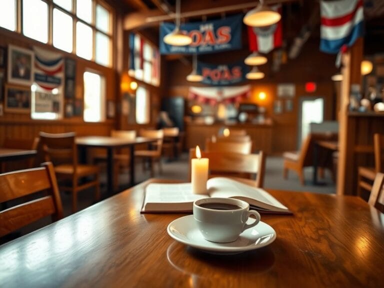 Flick International Cozy restaurant interior in Iowa with tables, coffee, and a prayer book