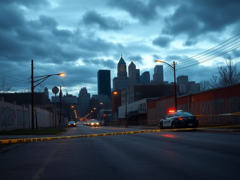 Flick International Dusk urban landscape of Minneapolis with vacant street and crime scene markers
