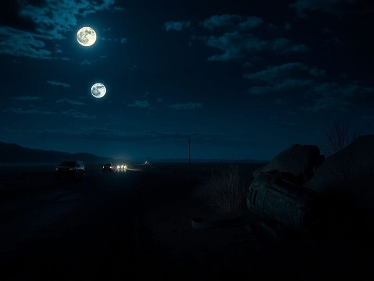 Flick International Nighttime border landscape featuring law enforcement silhouettes and a desolate area near the U.S.-Canada border