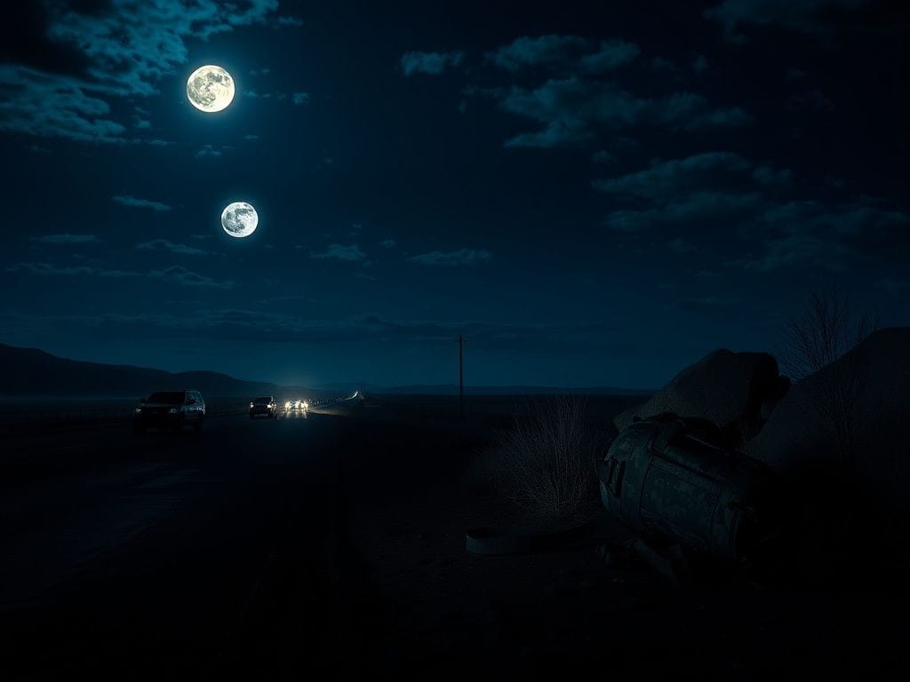 Flick International Nighttime border landscape featuring law enforcement silhouettes and a desolate area near the U.S.-Canada border