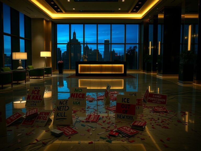 Flick International Dimly lit hotel lobby during anti-ICE protest, featuring protest signs on marble floor