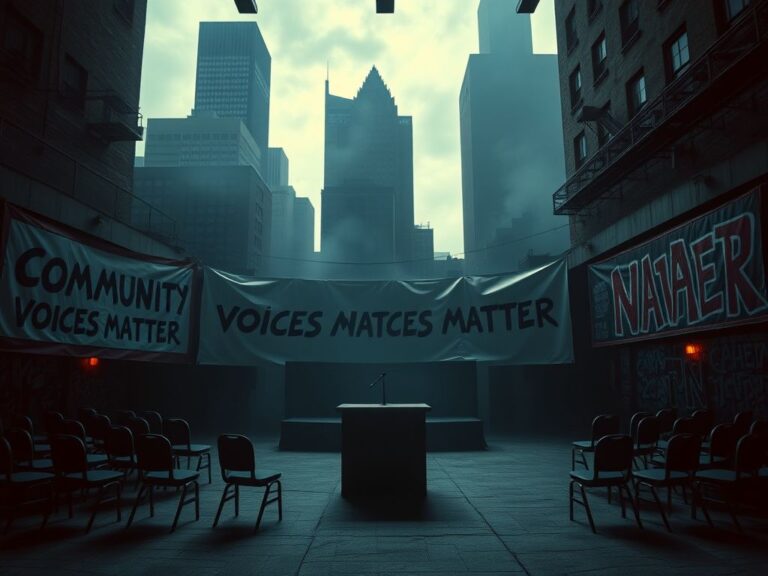 Flick International Dimly lit town hall venue in Minneapolis with empty podium and community banners