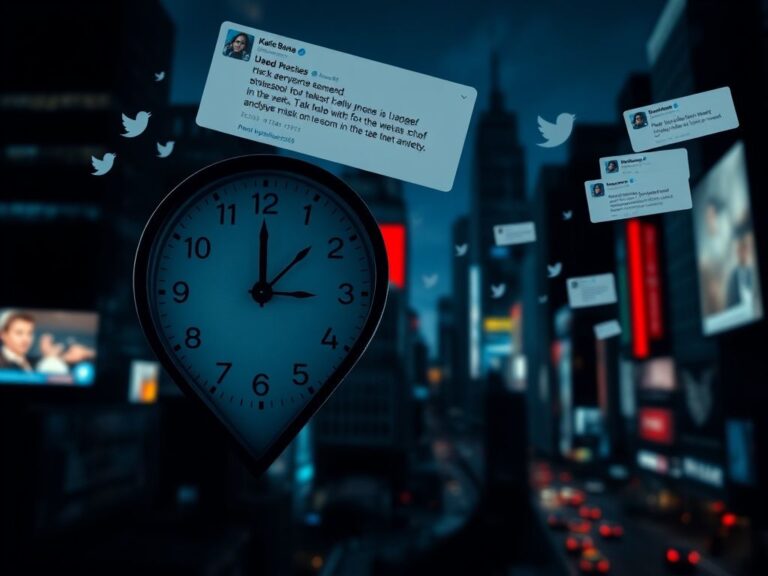 Flick International Dark, chaotic cityscape at night with glowing news screens and a heart-shaped clock stuck at the hour of outrage