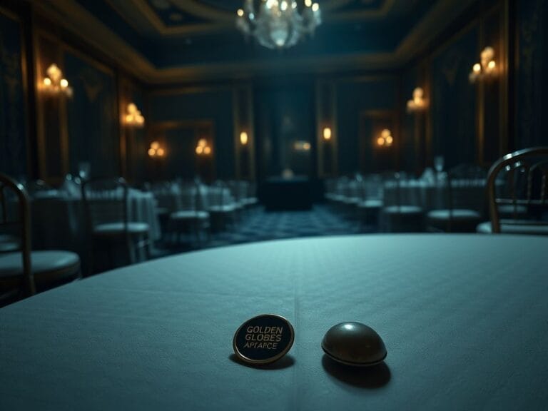Flick International A dimly lit ballroom with empty chairs and a discarded protest pin on an elegant tablecloth