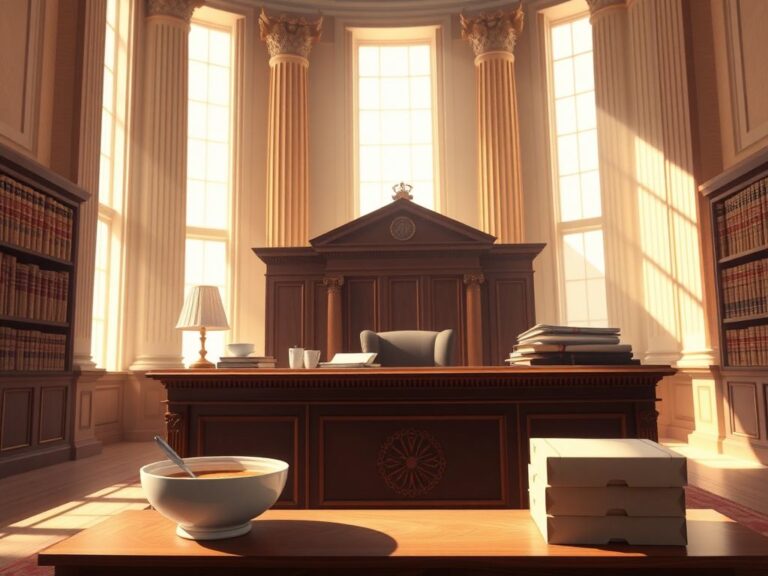 Flick International Serene Supreme Court chamber with ornate wooden desk and legal documents