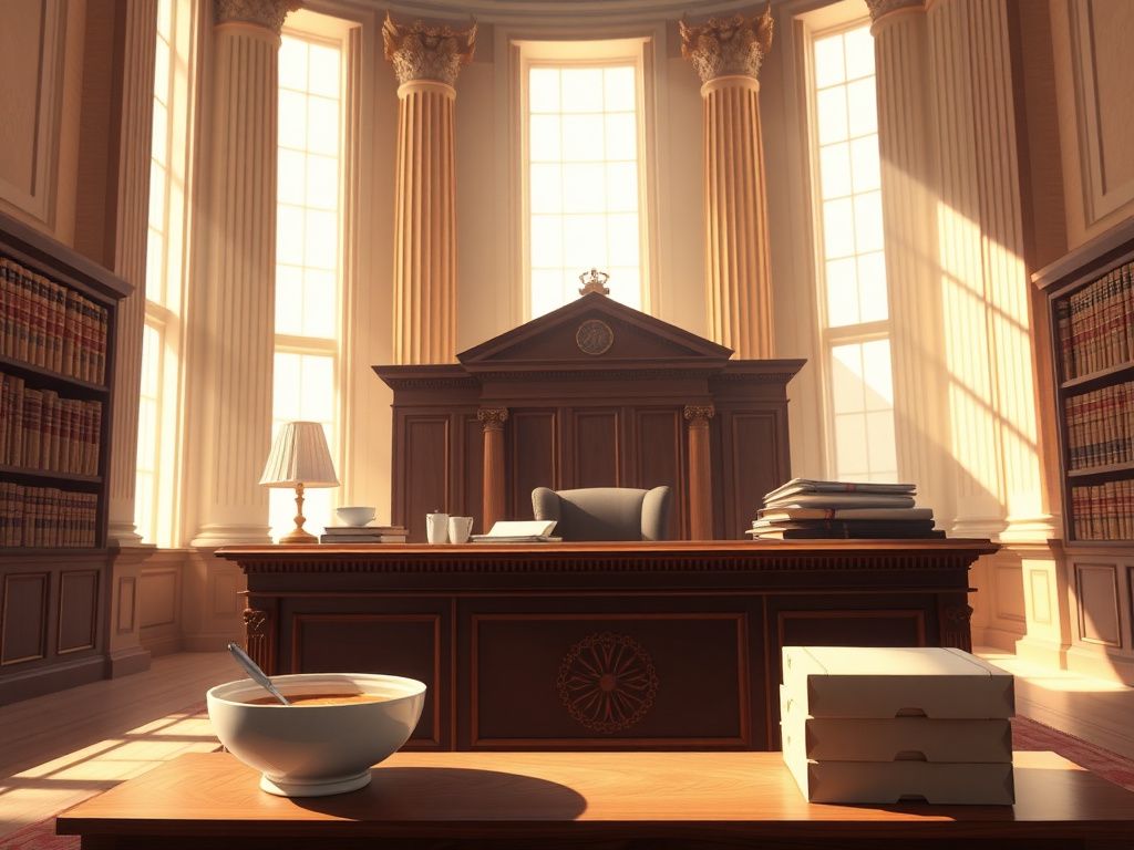 Flick International Serene Supreme Court chamber with ornate wooden desk and legal documents