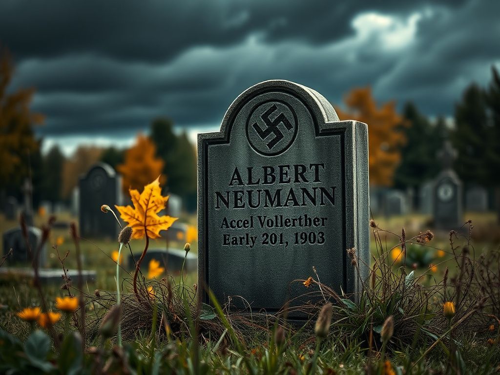 Flick International Weathered gravestone of Albert Neumann with faded Nazi insignia in a quiet cemetery