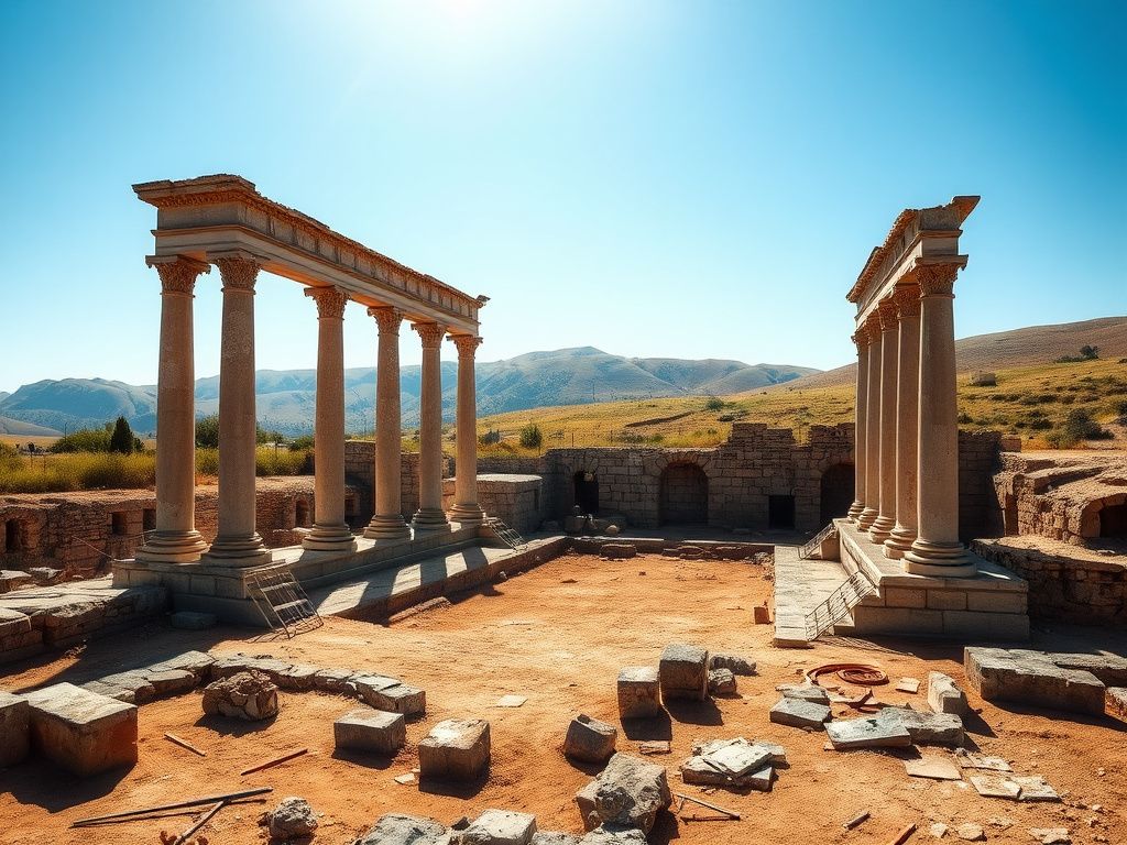 Flick International Partially excavated ancient basilica in Fano, Italy with weathered stone columns and archaeological tools