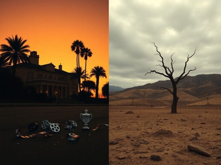 Flick International Split image showing contrasting scenes of a Hollywood mansion and a desolate landscape symbolizing Prince Harry's identity struggle.