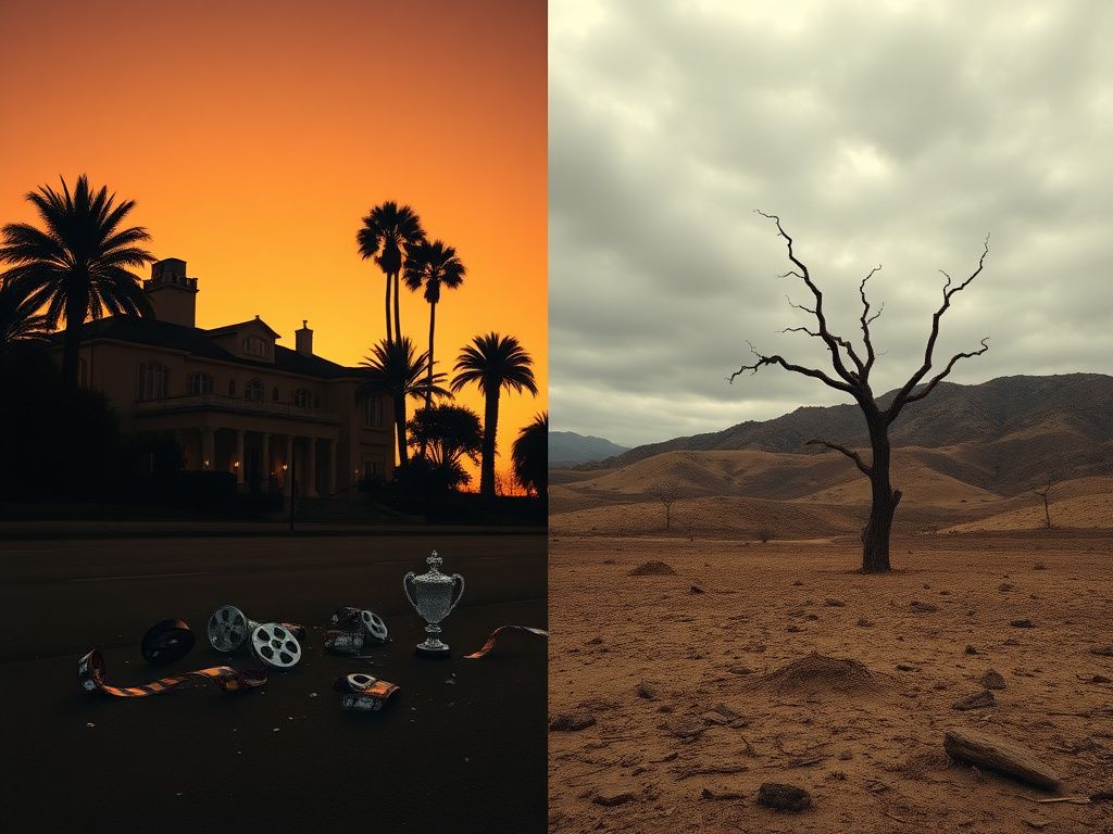 Flick International Split image showing contrasting scenes of a Hollywood mansion and a desolate landscape symbolizing Prince Harry's identity struggle.