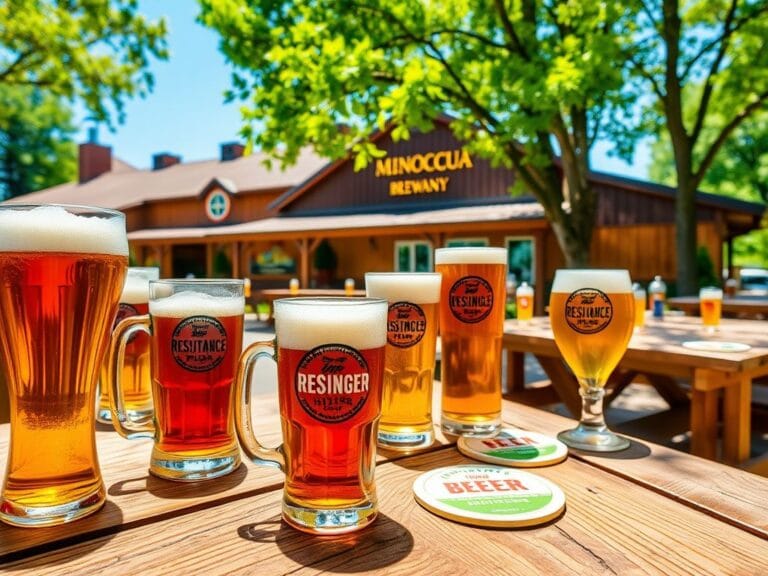 Flick International Outdoor beer garden at Minocqua Brewing Company with picnic tables and frothy beer glasses