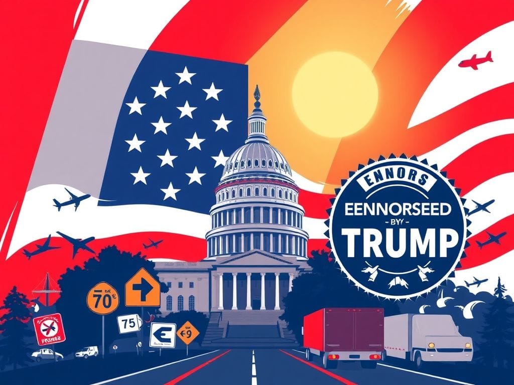 Flick International Illustration of a stylized American flag background with Congress and transportation elements