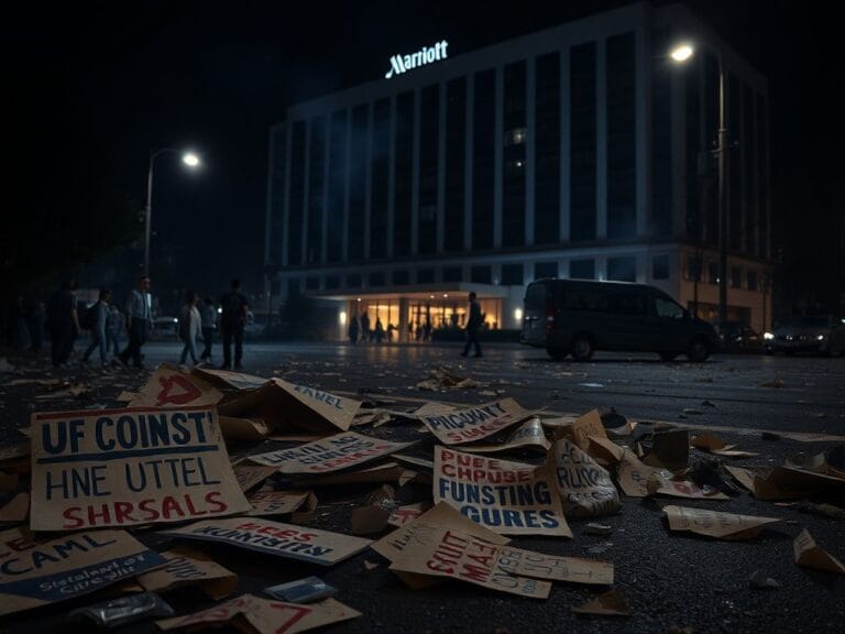 Flick International Aftermath of a protest outside a hotel with discarded signs and shattered glass
