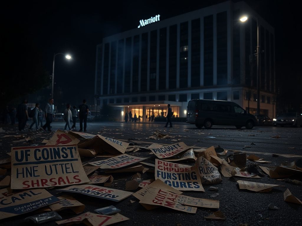 Flick International Aftermath of a protest outside a hotel with discarded signs and shattered glass