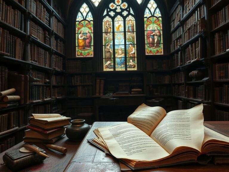 Flick International Dimly lit 16th-century library with ancient manuscripts and quills