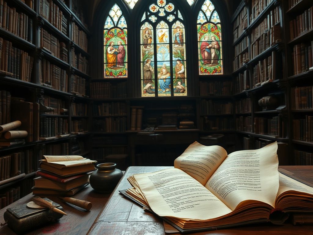 Flick International Dimly lit 16th-century library with ancient manuscripts and quills