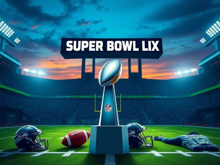 Flick International A dynamic football scene showcasing Super Bowl LX with a sparkling trophy and Seahawks gear
