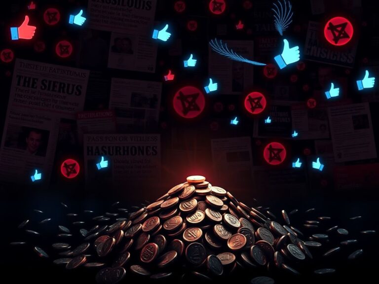 Flick International A dark digital landscape representing the monetization of antisemitism on social media with coins and algorithms