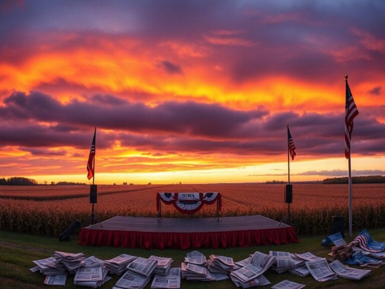 Flick International Panoramic view of a political rally stage in Iowa during an autumn sunset