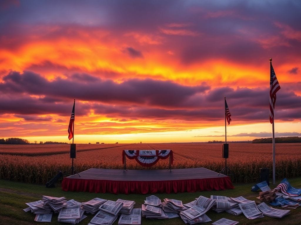 Flick International Panoramic view of a political rally stage in Iowa during an autumn sunset