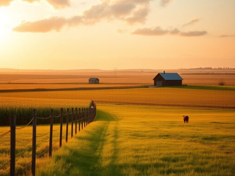 Flick International Tranquil American farm landscape at golden hour with corn and soybean fields under a warm sky