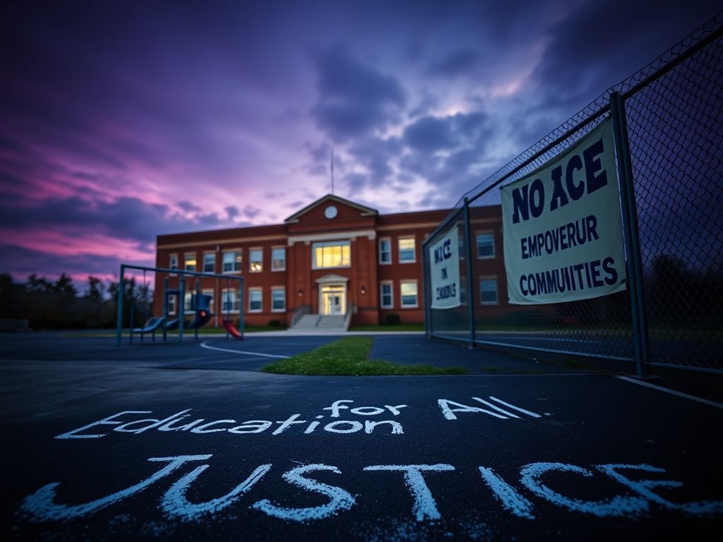 Flick International Empty schoolyard at dusk with chalk writings on the ground and old brick school building in the background