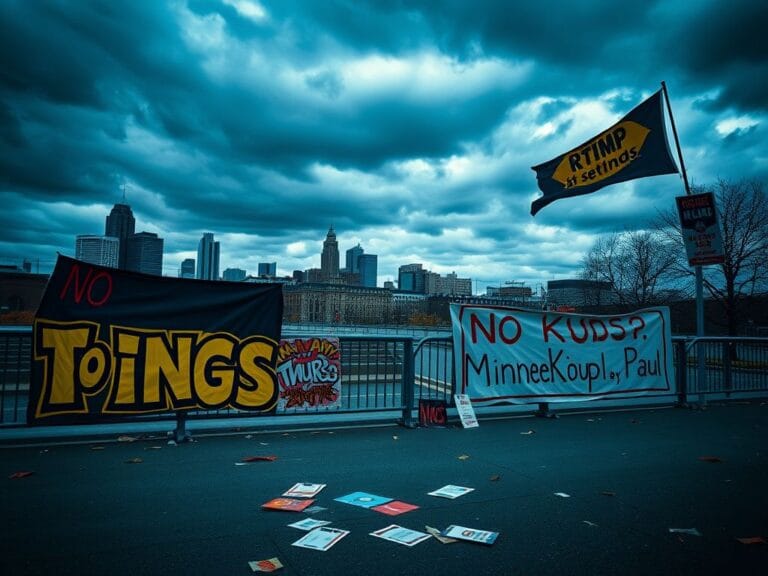 Flick International Large public space in Minneapolis-St Paul with empty protest signs and anti-Trump slogans.