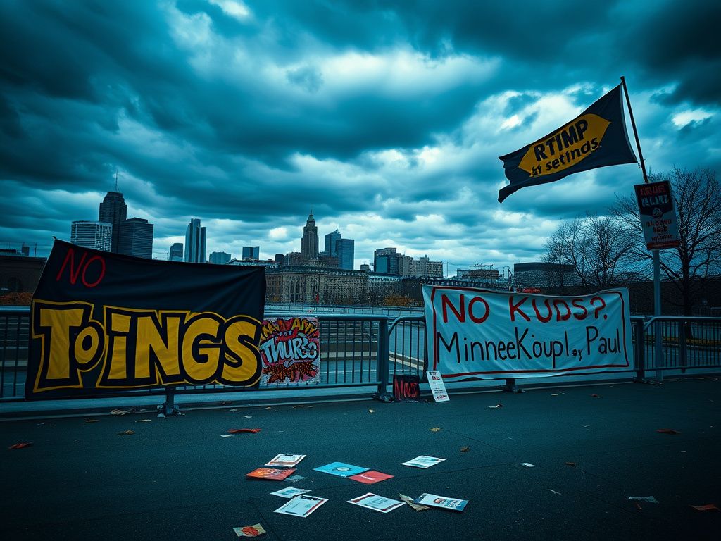 Flick International Large public space in Minneapolis-St Paul with empty protest signs and anti-Trump slogans.