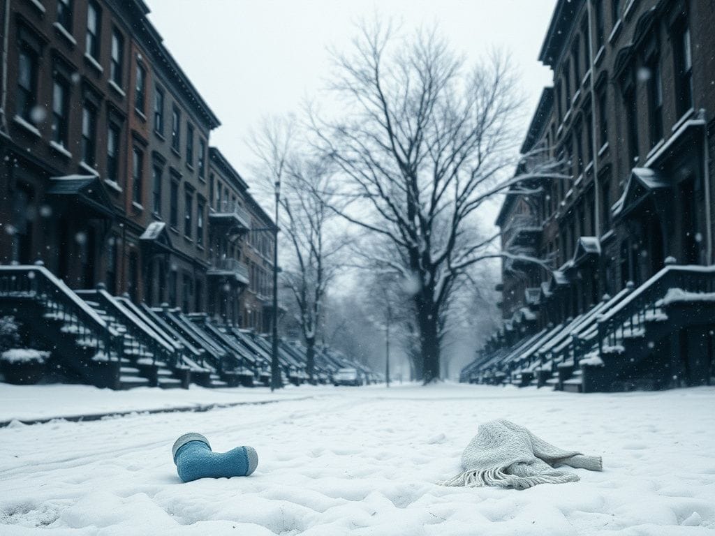 Flick International A quiet, snow-covered Brooklyn neighborhood during a winter storm with a blue nightgown and sock laying in the snow.