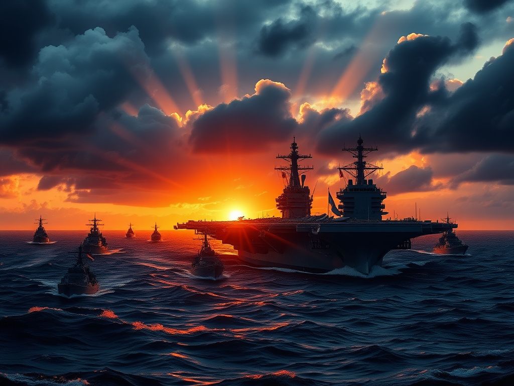Flick International USS Abraham Lincoln aircraft carrier amidst a formidable naval armada during a dramatic sunset