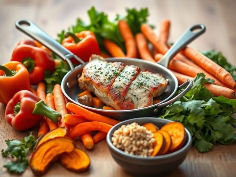 Flick International A vibrant still life featuring lean pork tenderloin with colorful vegetables and whole grains