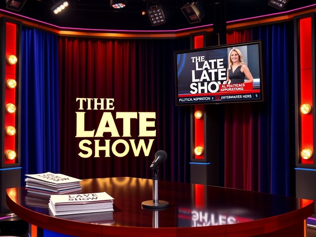 Flick International Vibrant late-night talk show set with an empty host's desk and illuminated 'The Late Show' sign