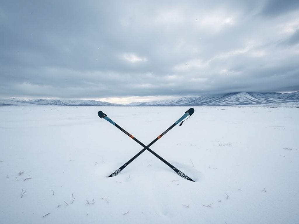 Flick International Abandoned ski poles crossed in the snow symbolizing protest against women's exclusion in Nordic combined skiing