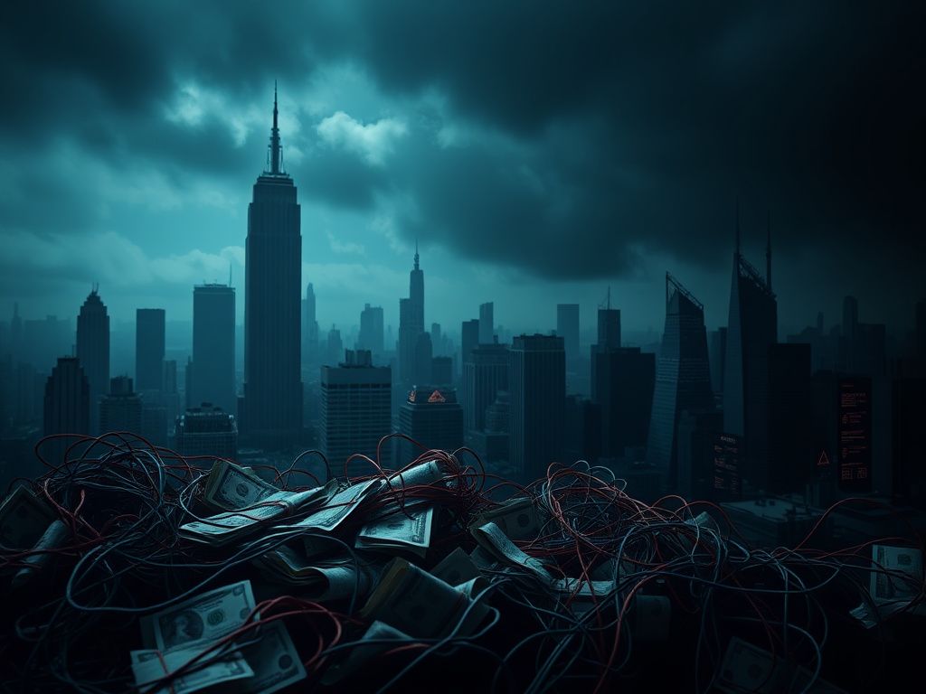 Flick International Dark urban landscape symbolizing financial fraud complexities