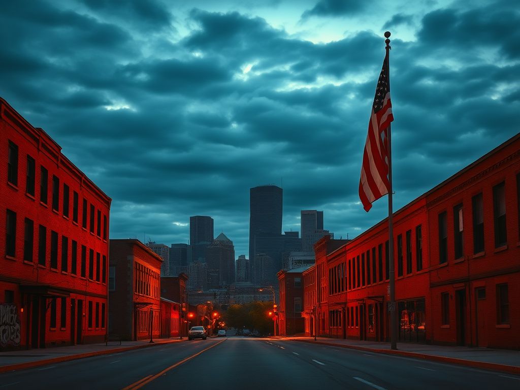 Flick International Dramatic skyline of Minneapolis at twilight with American flag