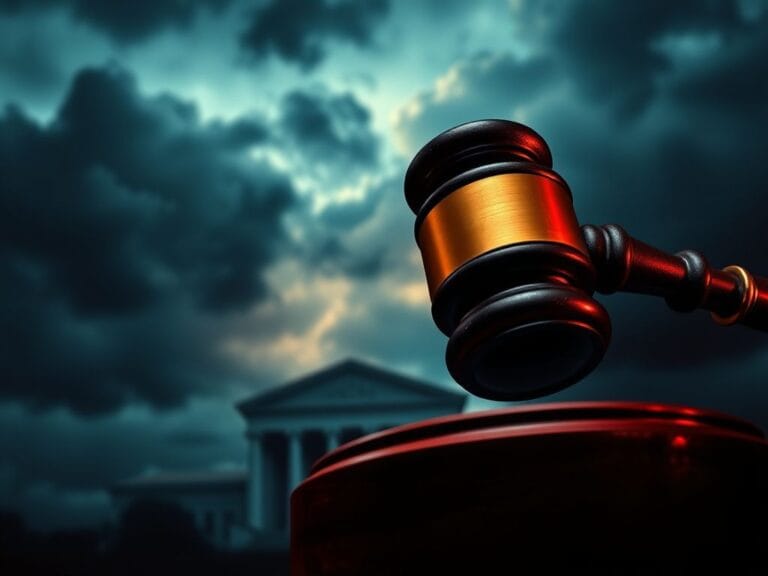 Flick International Close-up of a gavel striking a soundblock amidst dark stormy clouds symbolizing legal power and controversy