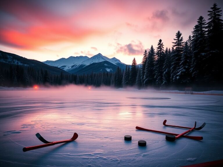 Flick International Dramatic winter scene of a frozen lake rink with hockey sticks and pucks, representing teamwork and victory.