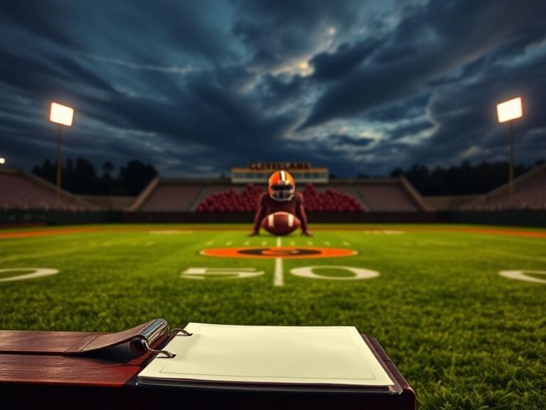 Flick International Dramatic image of a football field under stadium lights with the Cleveland Browns' logo