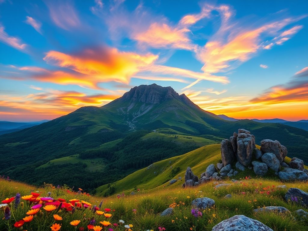 Flick International Aerial view of Sawnee Mountain with vibrant wildflowers and a dramatic sunset