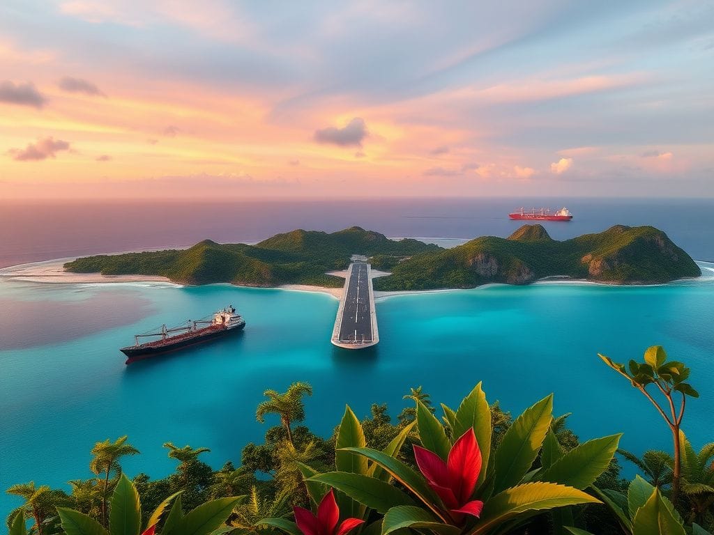 Flick International Aerial view of Yap islands' new runway amidst lush greenery and turquoise lagoon