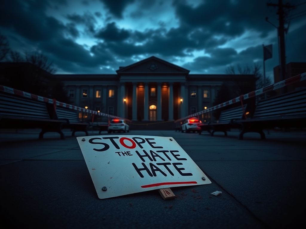 Flick International Dramatic exterior of a Minnesota town hall under a moody evening sky with empty benches and police barricades
