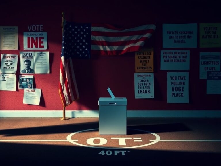 Flick International Image of a polling place with a 40-foot radius demarcation line and shadows of immigration enforcement.