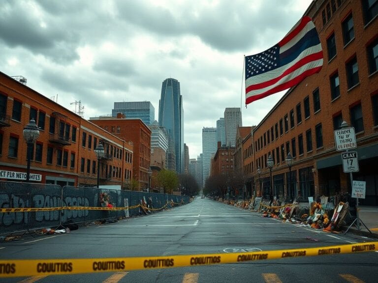 Flick International Minneapolis skyline with barriers and protest symbols