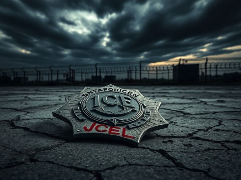 Flick International A weathered ICE badge on cracked concrete, symbolizing law enforcement tensions.