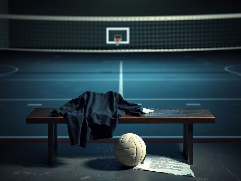Flick International Dimly lit volleyball court symbolizing Title IX conflict with an empty uniform and volleyball