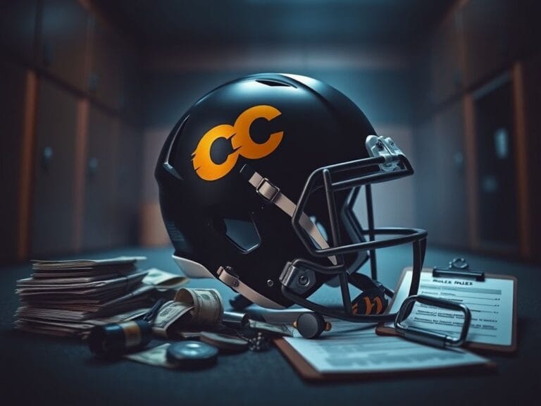 Flick International Close-up of a Colorado Buffaloes football helmet in a dimly lit locker room