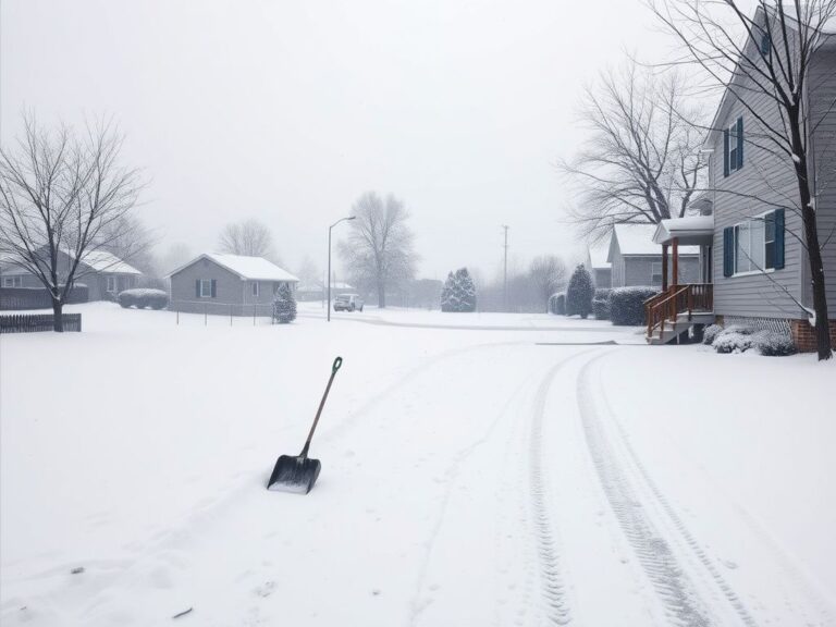 Flick International Snow-covered driveway in a suburban Tennessee neighborhood with a resting shovel