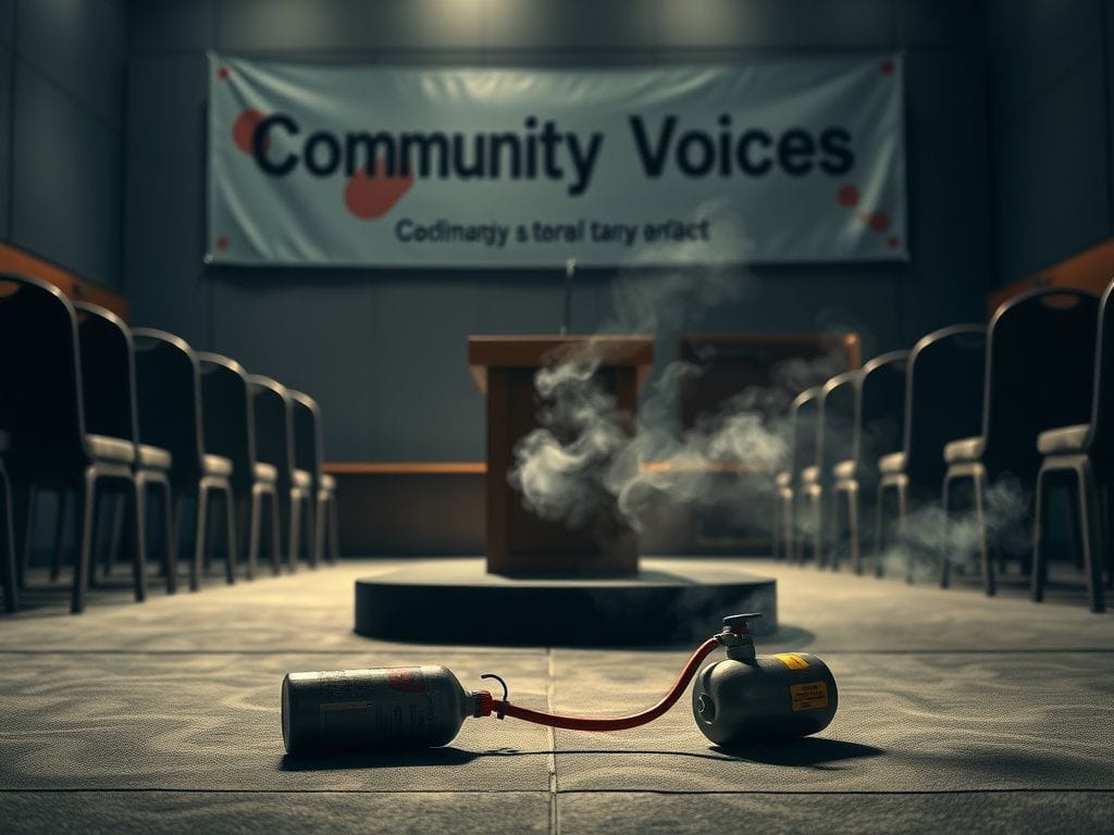 Flick International Chemical spray canister on the floor at town hall with vapor rising